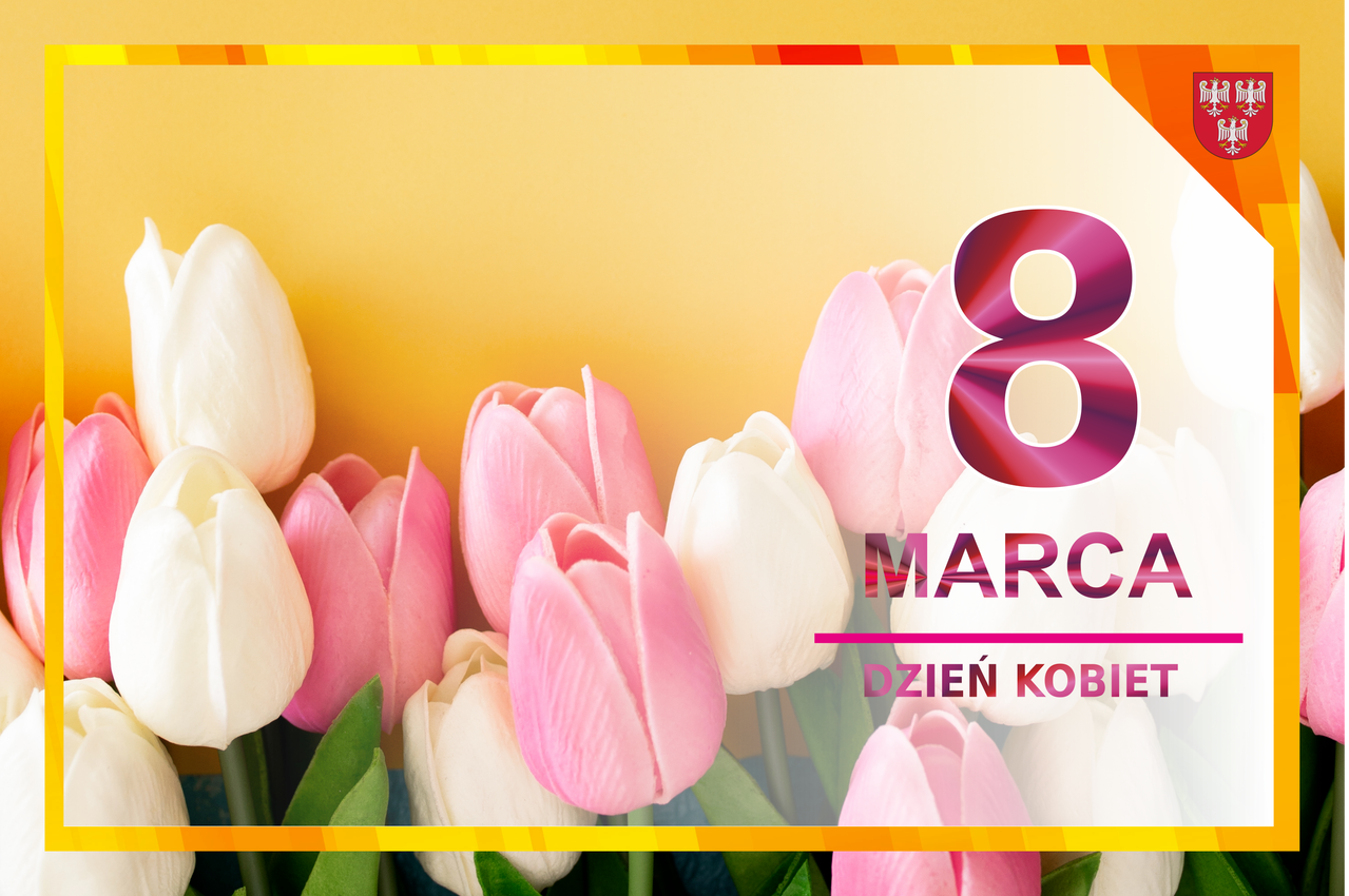 Grafika z kalendarium 8 marca Dzień Kobiet w tle tulipany