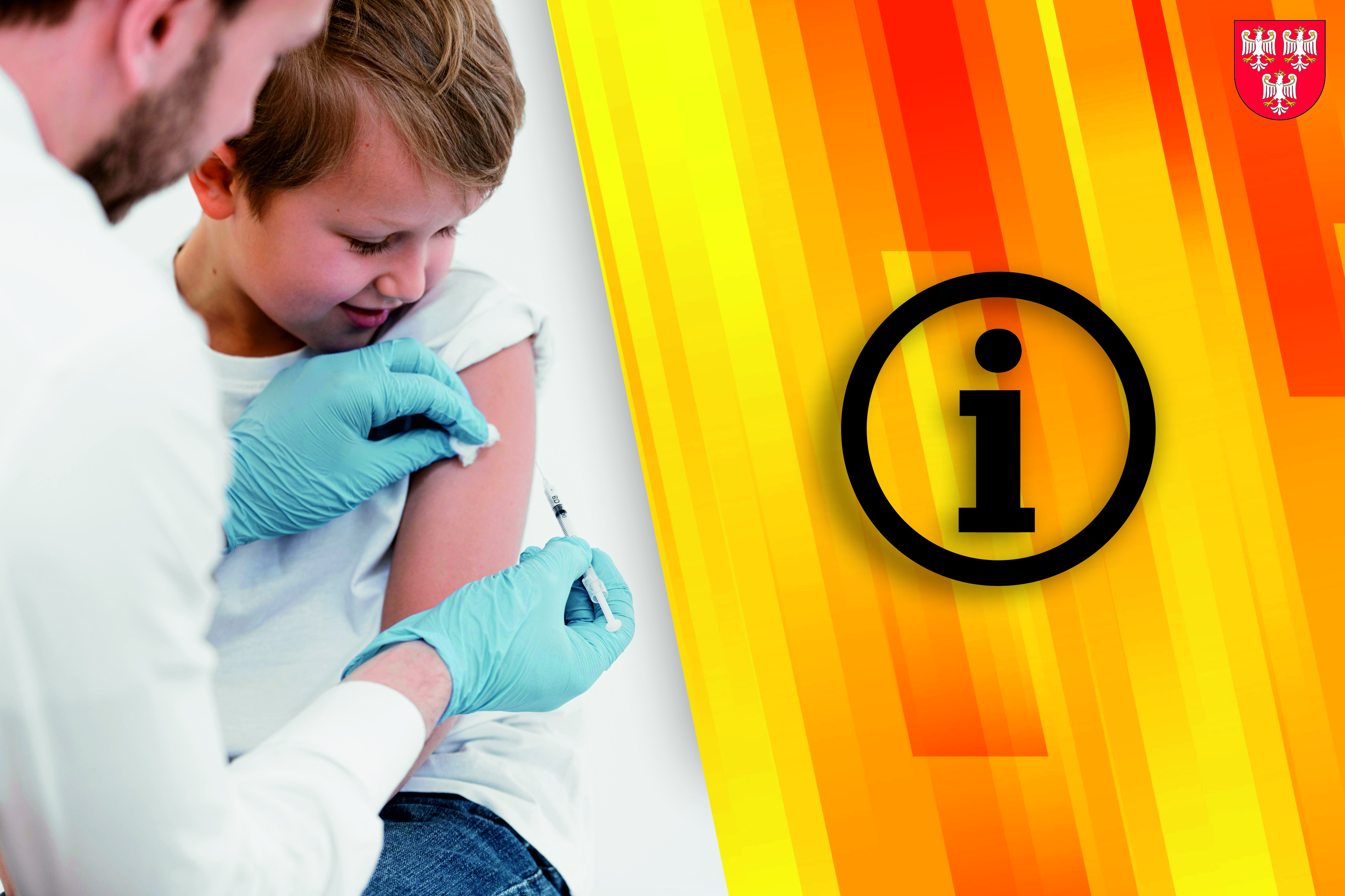 Grafika informacyjna ze zdjęciem dziecka przyjmującego szczepionkę